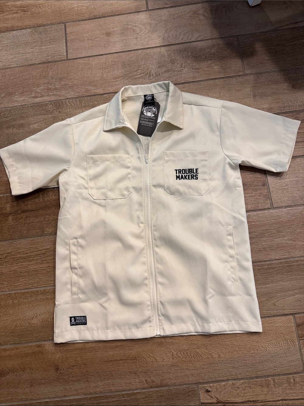 Crooks & Castles Cream Trouble Makers Graphic Short-Sleeve Zip Front Work Shirt